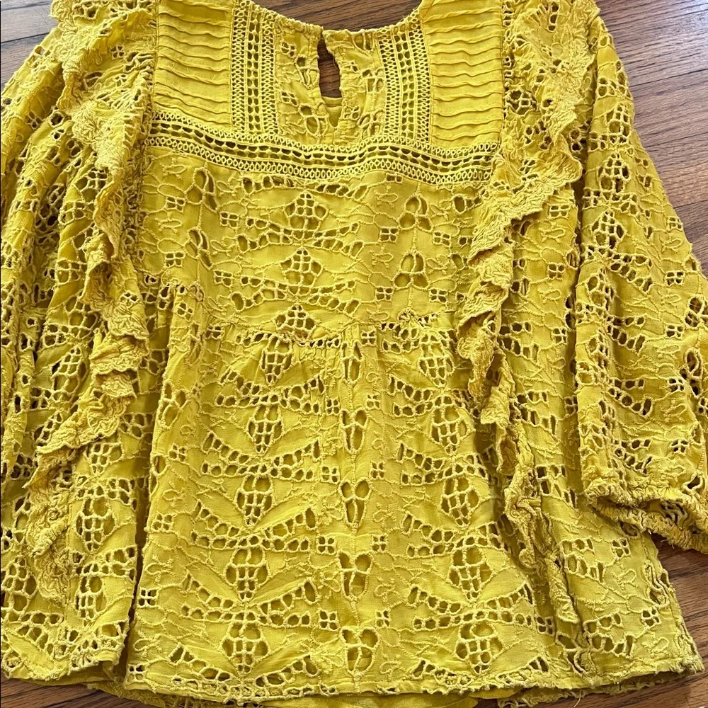 Anthropologie Yellow Lace Ruffle Blouse